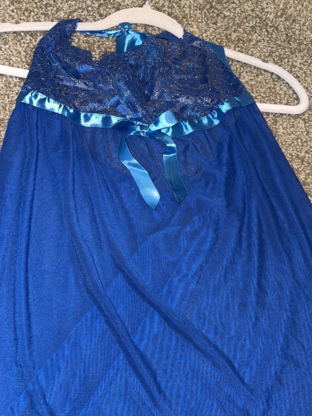 Royal Blue Lace-Trim Satin Ribbon Chemise